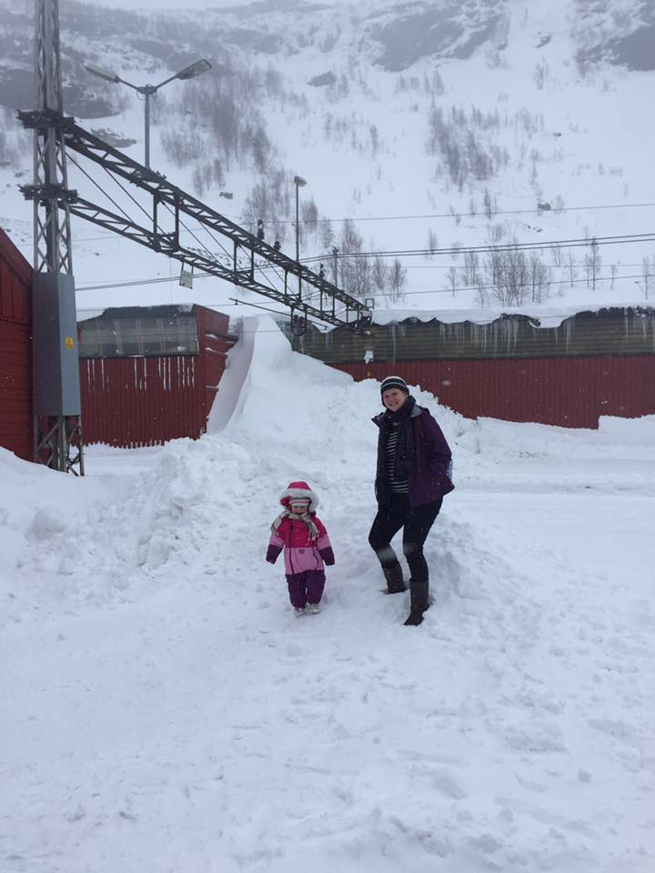 heavy snow at Myrdal station when we visited Norway with kids 