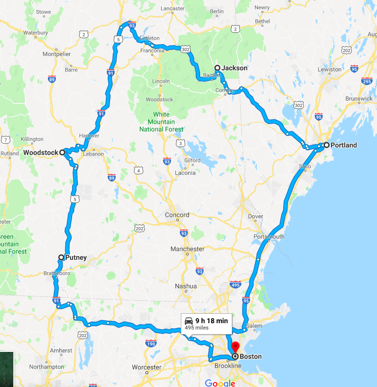 family holiday itinerary in New England on a map