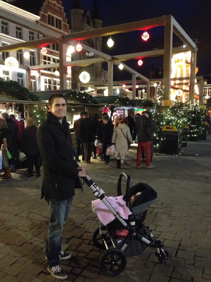 Dad with daughter at Christmas markets. Belgium Christmas Markets with a Baby