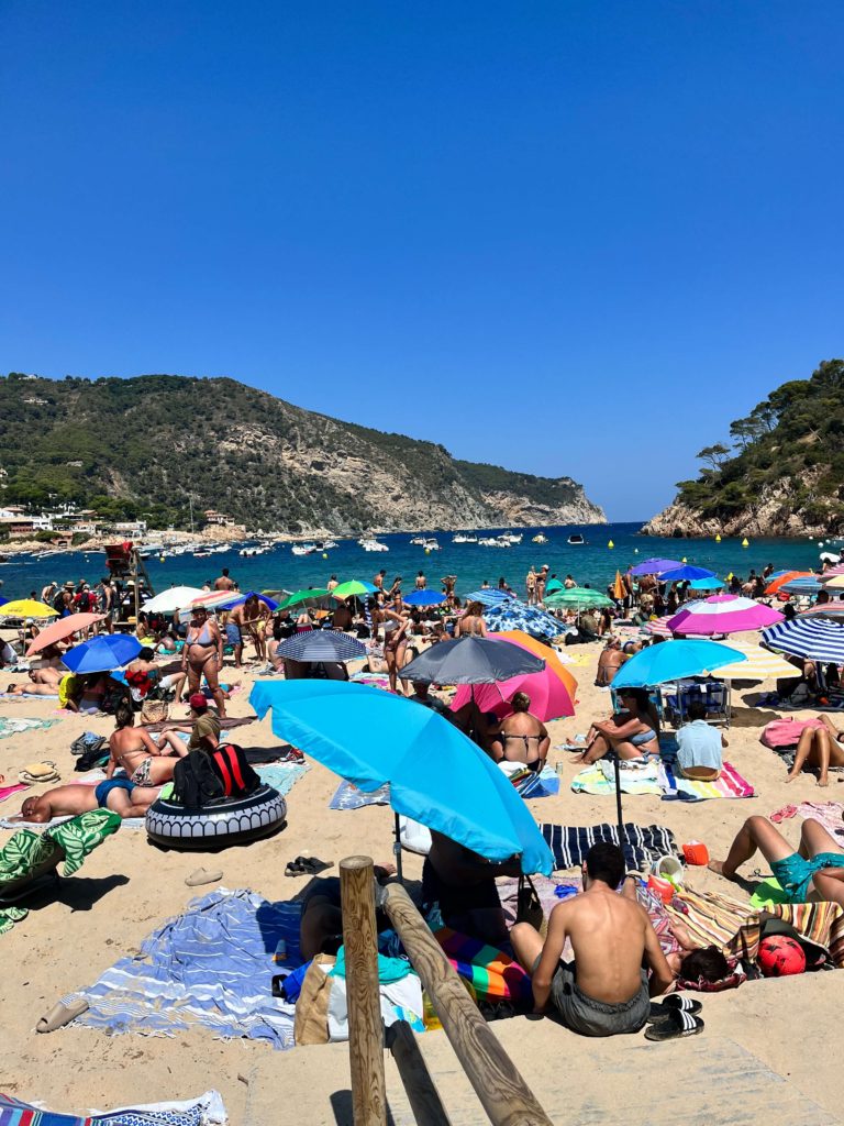 very busy sandy beach with people and sun umbrellas 